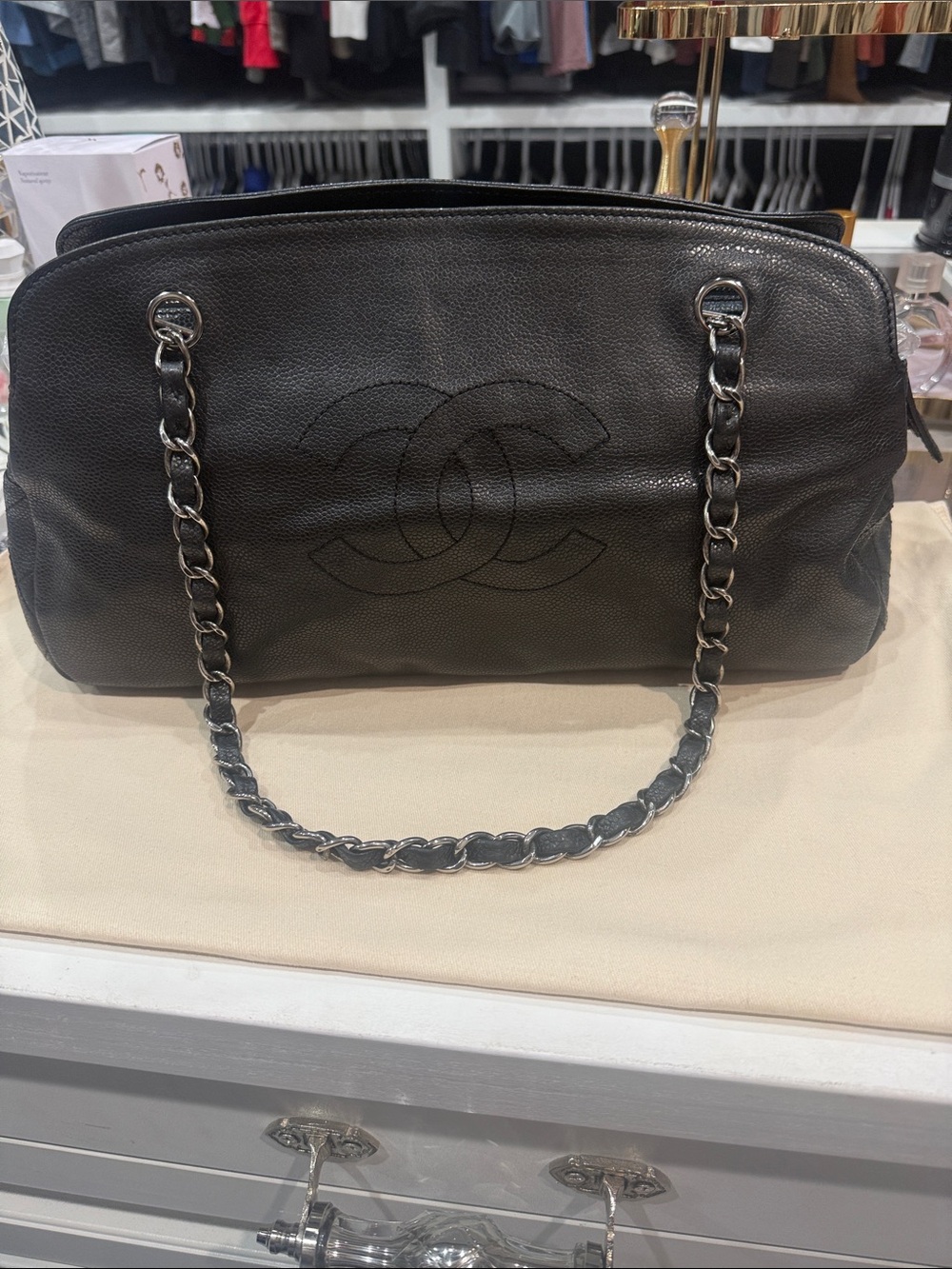 CHANEL Authentic Black Quilted CC-Embossed Leather Shoulder Bag with Chain strap